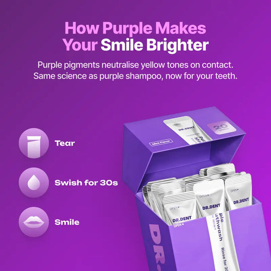 DR.DENT Purple Mouthwash - 20 Sachets Pack - Peroxide-Free - Alcohol Free - Vegan Mint