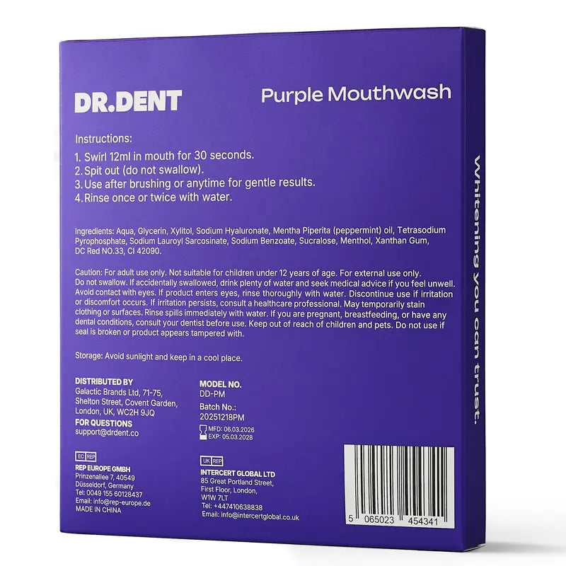 DR.DENT Purple Mouthwash - 20 Sachets Pack - Peroxide-Free - Alcohol Free - Vegan Mint