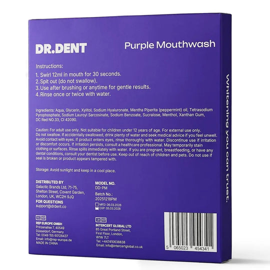 DR.DENT Purple Mouthwash - 20 Sachets Pack - Peroxide-Free - Alcohol Free - Vegan Mint